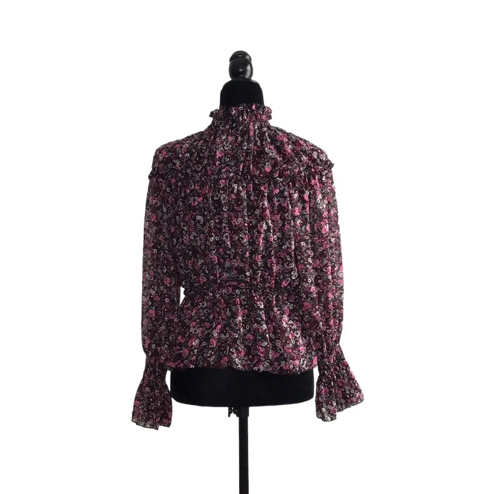 Zara Floral Print Pink Black Ruffle Neck Blouse, size M - Picture 4 of 14